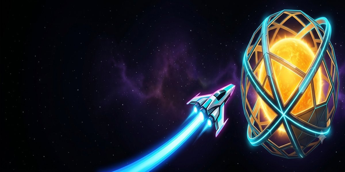 Pilot ship approaching the Dyson sphere encasing a dying star